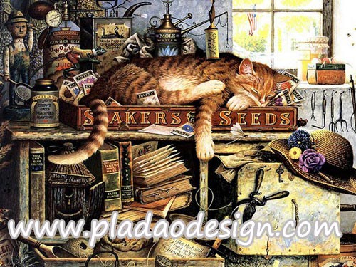 กระดาษสาพิมพ์ลาย สำหรับทำงาน เดคูพาจ Decoupage แนวภาำพ แมวน้อยหมดสภาพ ขาห้อยรอ่งแร่ง หลับสบายในห้องเก็บเมล็ดพันธุ์