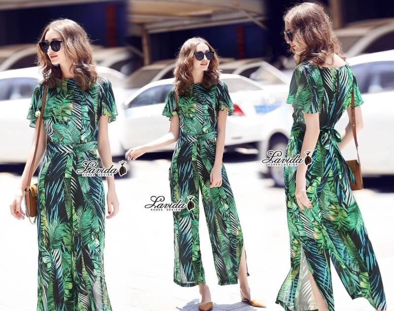 เสื้อผ้าเกาหลี พร้อมส่ง เสื้อกับกางเกง ลายใบไม้โทนสีเขียว