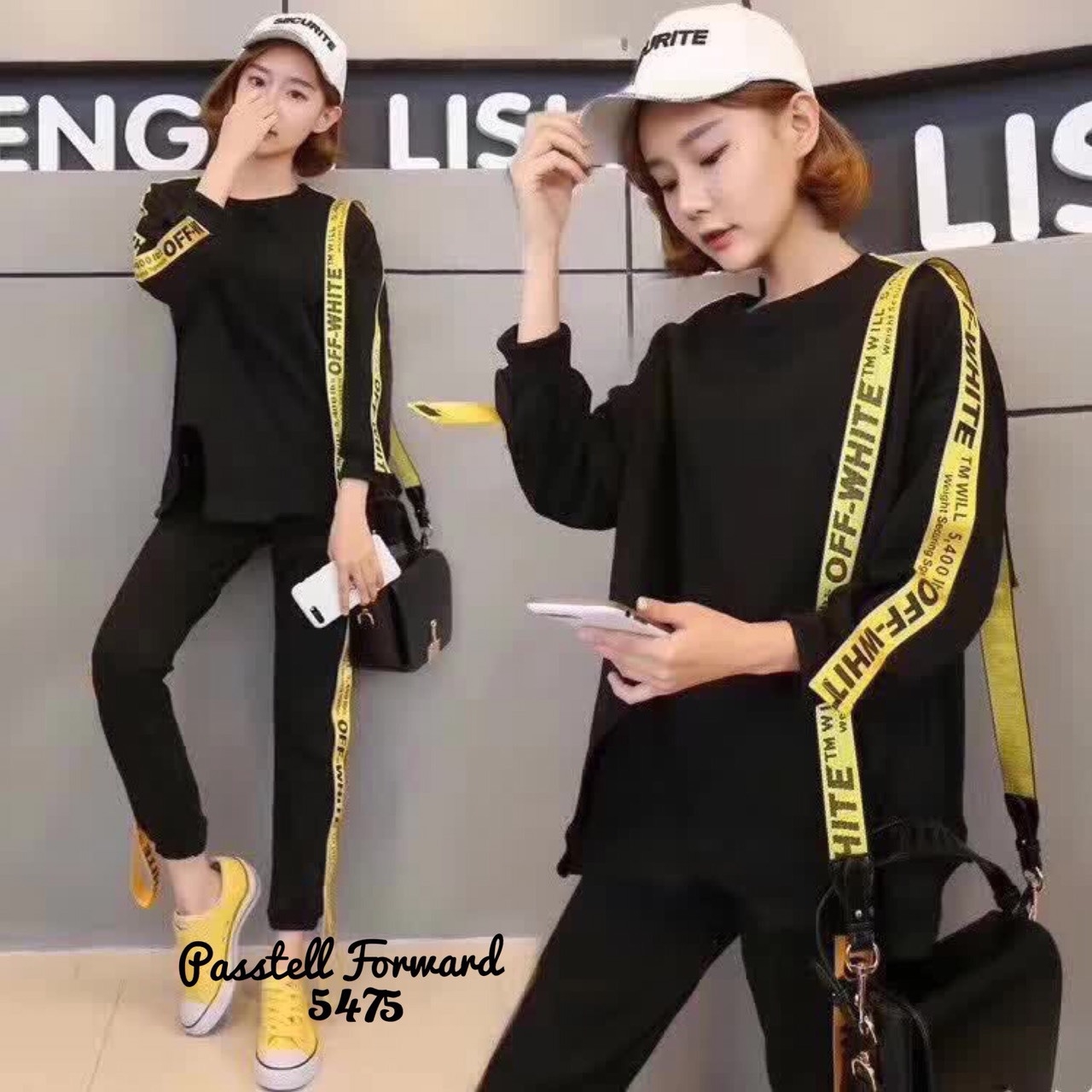 เสื้อผ้าเกาหลี พร้อมส่ง เสื้อแต่งแถบตัวอักษรเหลืองดำตัดกัน