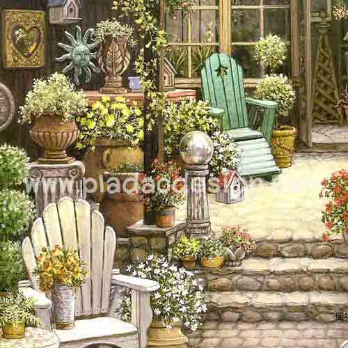 กระดาษสาพิมพ์ลาย สำหรับทำงาน เดคูพาจ Rice paper Decoupage แนวภาพ บ้านและสวน เก้าอี้ในสวนหน้าบ้าน ภาพแนวนอน by Pladao Design Handmade