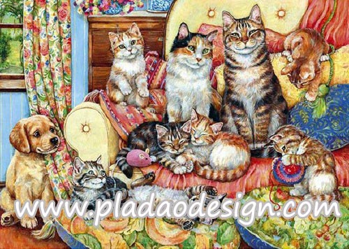 กระดาษสาพิมพ์ลาย สำหรับทำงาน เดคูพาจ Decoupage แนวภาพ บรรดาแมวๆ นอนๆ นั่งๆ เล่นกันบนโซฟาสีสันฉูดฉาด มีน้องหมานั่งมอง
