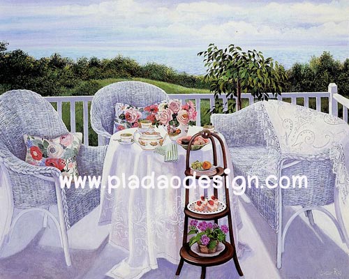 กระดาษสาพิมพ์ลาย rice paper สำหรับทำงาน handmade เดคูพาจ Decoupage แนวภาพ บ้านและสวน ชุดรับแขกเก้าอี้หวาย ในบ้านบนเนินเขาเขียวขจี ปลาดาว ดีไซน์