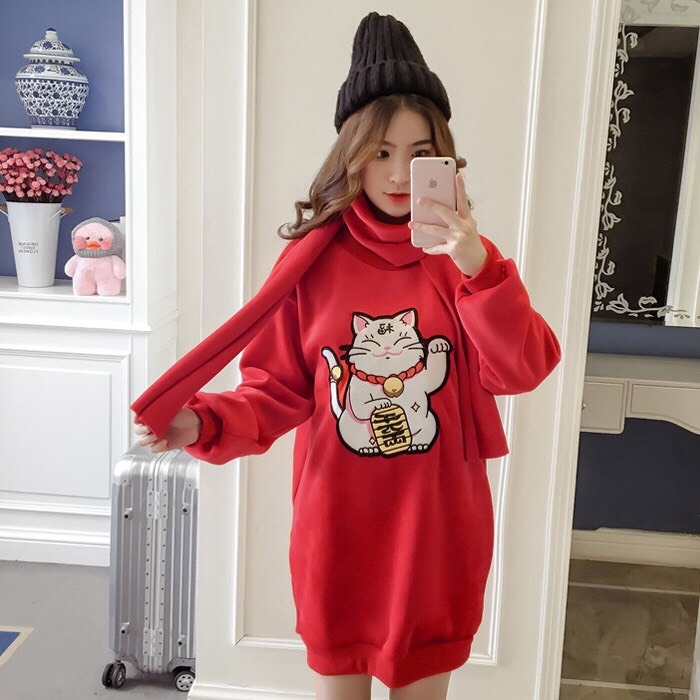 เสื้อเกาหลี พร้อมส่ง เสื้อลายแมว แขนยาว สีแดง