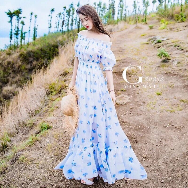 ชุดเดรสเกาหลี พร้อมส่ง Maxi dress ปาดไหล่แขนจั้ม