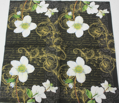แนวภาพดอกไม้วินเทจ Christmas Rose พื้นลายทองดำ เป็นภาพบล็อค 4 กระดาษแนพกิ้นสำหรับทำงาน เดคูพาจ Decoupage Paper Napkins ขนาด 33X33cm
