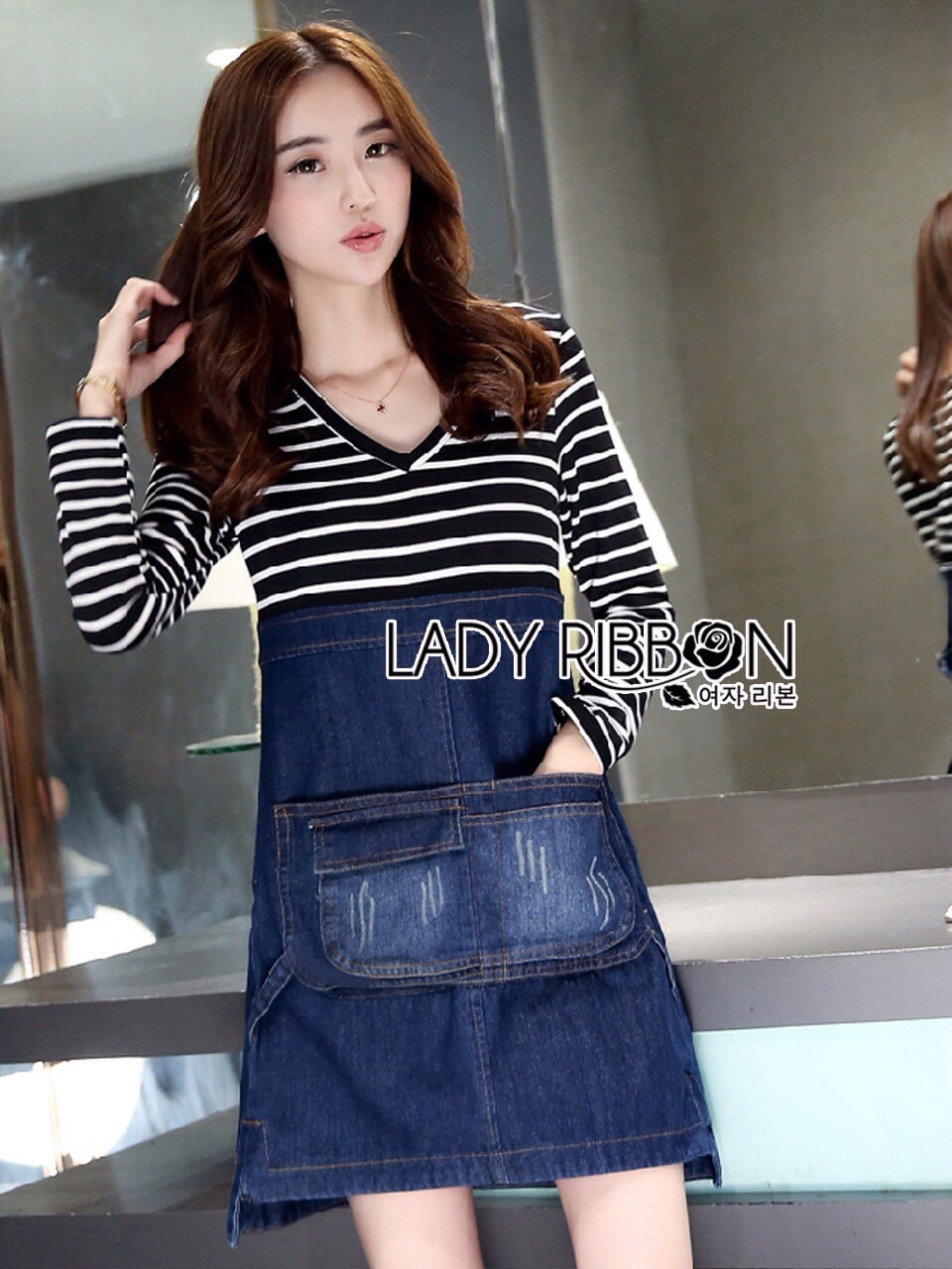 พร้อมส่ง เดรสลายทางตัดต่อผ้าเดนิมสไตล์มินิมัลชิค