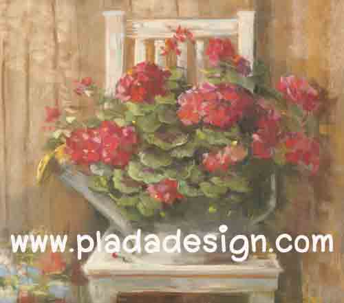 กระดาษสาพิมพ์ลาย สำหรับทำงาน เดคูพาจ Decoupage แนวภาำพ บ้านและสวน ดอกไม้หวานๆ สีแดงสด ปลูกไว้ในบัวรดน้ำสังกะสี วางอยู่บนเก้าอี้ไม้ สไตล์ภาพวาดฟุ้งๆ สวยมาก (ปลาดาวดีไซน์)