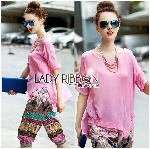 พร้อมส่ง เซ็ตเสื้อแขนสั้นสีชมพูอ่อนและกางเกงผ้าพิมพ์ลาย