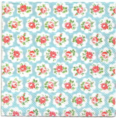แนวภาพ Cath Kidston ดอกไม้ กุหลาบจิ๋ว ในกรอบดอกไม้ พื้นฟ้า เป็นภาพกระจายเต็มแผ่น กระดาษแนพกิ้นสำหรับทำงาน เดคูพาจ Decoupage Paper Napkins ขนาด 33X33cm