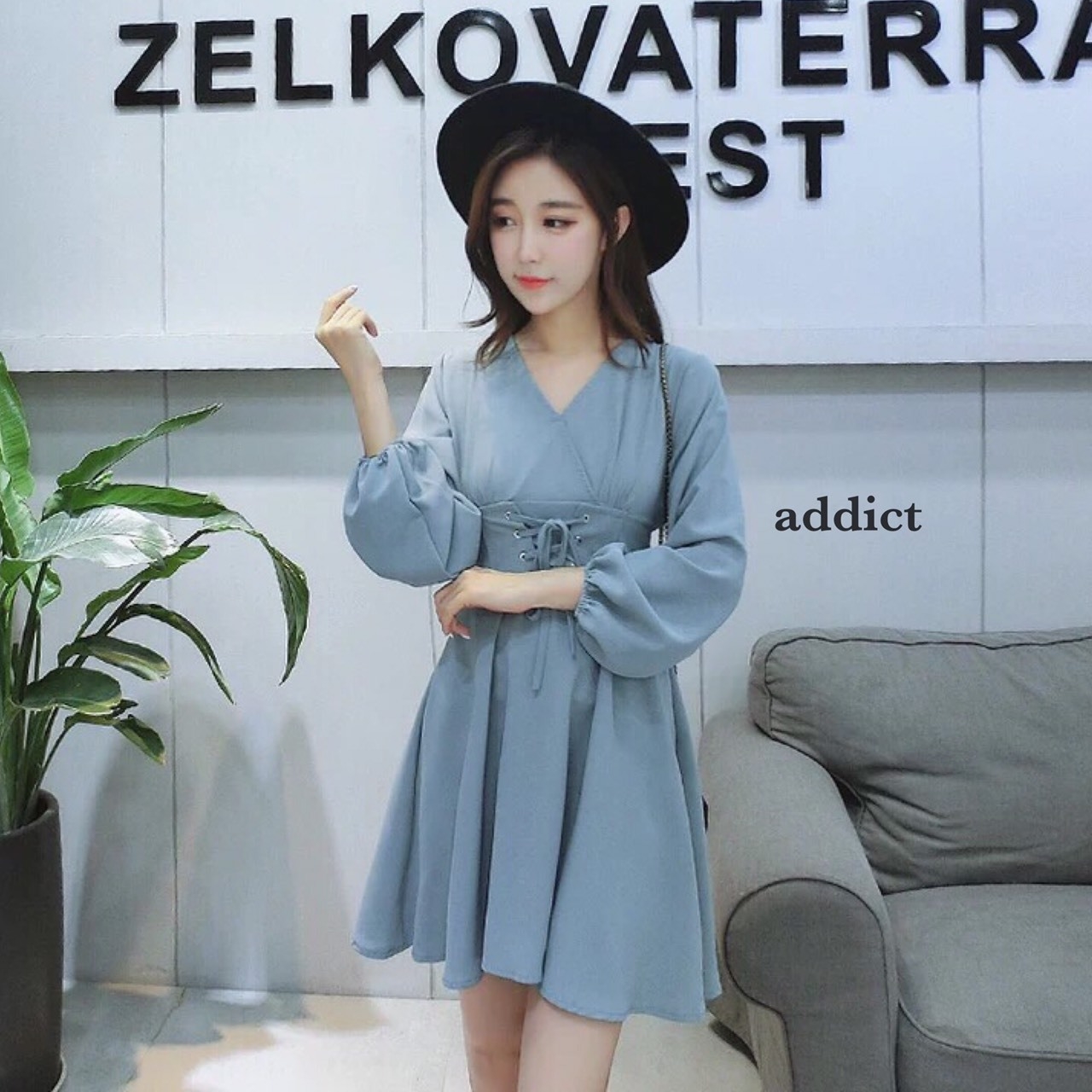 เดรสเกาหลี แขนยาว คอวี เอวผูกเชือก พร้อมส่ง