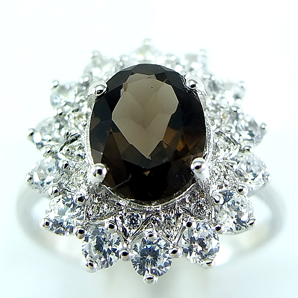 SKJewelryfactory แหวนเงินแท้ 92.5% ฝังพลอยสโมกกี้ควอทซ์แท้ สุดอลังค์ ER02202-SMQ