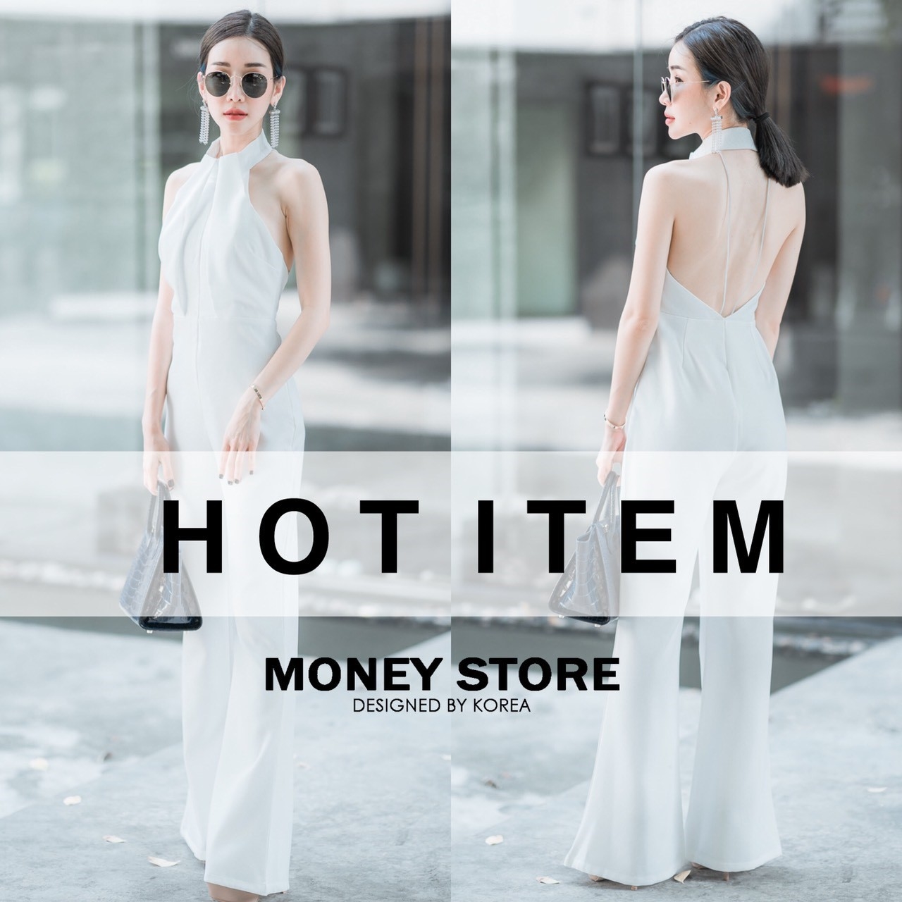 เสื้อผ้าแฟชั่น พร้อมส่ง จั๊มสูท คล้องคอ ไขว้หน้า