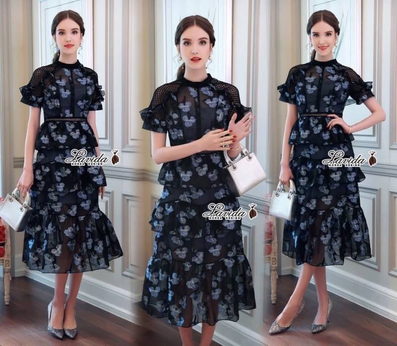เดรสเกาหลี พร้อมส่ง เดรสยาว พิมพ์ลายดอกไม้3D