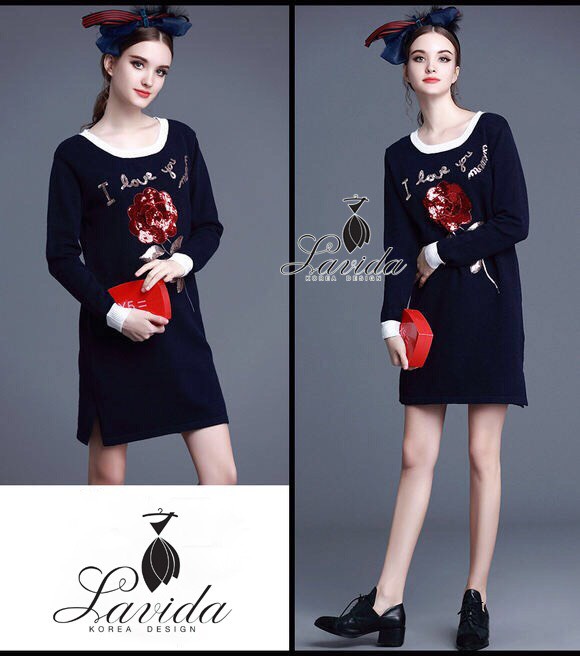 พร้อมส่ง เดรสสุดเก๋ งานปักกุหลาบแดง