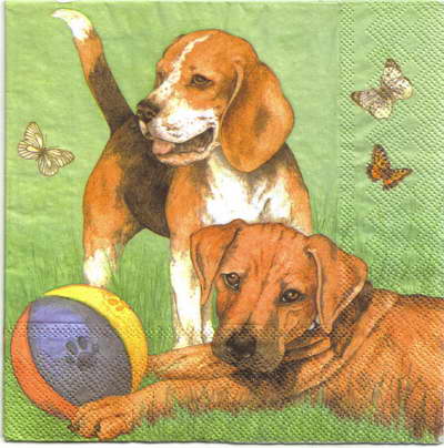 แนวภาพสัตว์ น้องหมาบีเกิ้ล เล่นบอล Beagle เป็นภาพบล็อค 4 กระดาษแนพกิ้นสำหรับทำงาน เดคูพาจ Decoupage Paper Napkins ขนาด 33X33cm