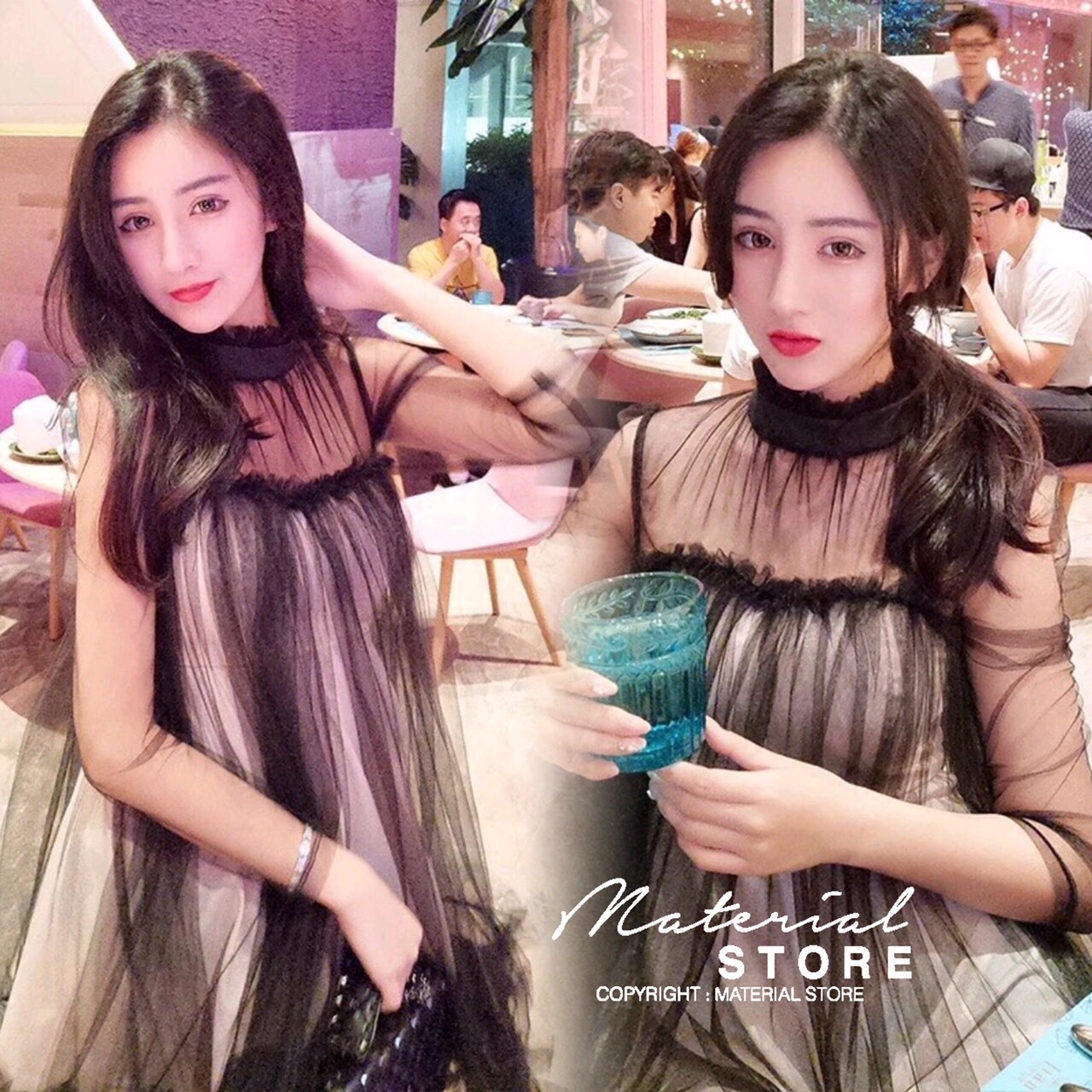เดรสเกาหลี พร้อมส่ง เดรสผ้ามุ้งซีทรู แต่งจีบระบาย