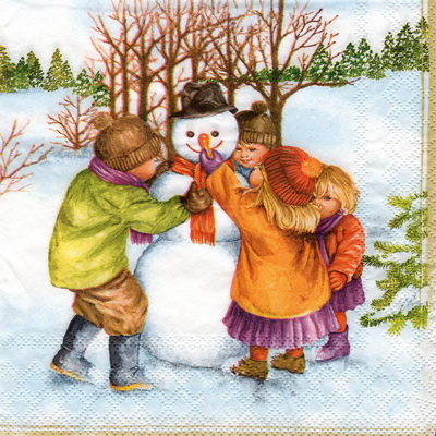 แนวภาพเทศกาล คริสต์มาส เด็กปั้นหิมะ Winter Snowman เป็นภาพบล็อค 4 กระดาษแนพกิ้นสำหรับทำงาน เดคูพาจ Decoupage Paper Napkins ขนาด 33X33cm