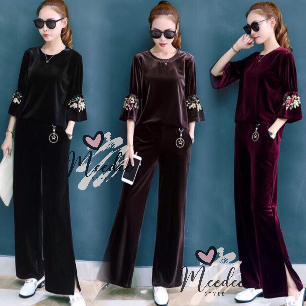 เสื้อผ้าเกาหลี พร้อมส่ง เสื้อ+กางเกง กำมะหยี่