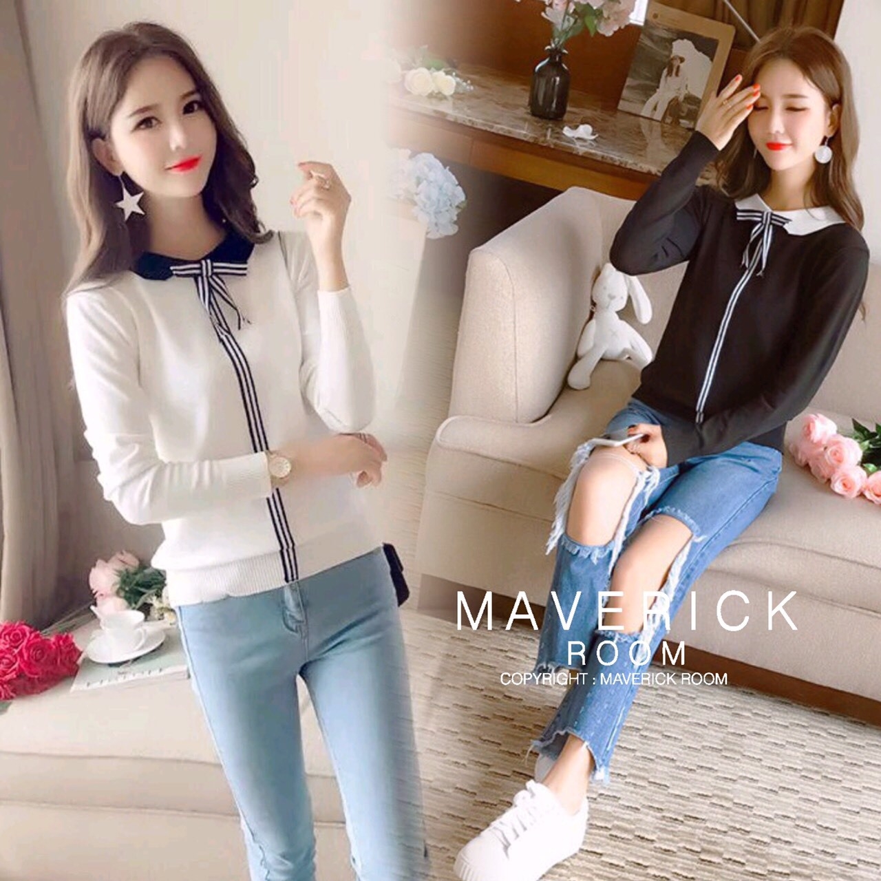 เสื้อเกาหลี พร้อมส่ง เสื้อไหมพรม สีทูโทน