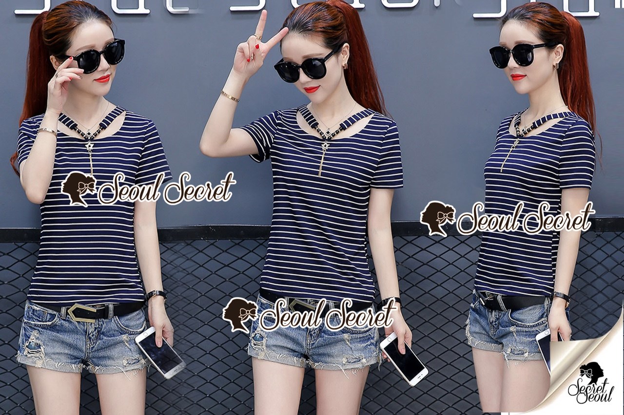 เสื้อเกาหลี พร้อมส่ง เสื้อยืด สีขาวกรมคลาสสิค