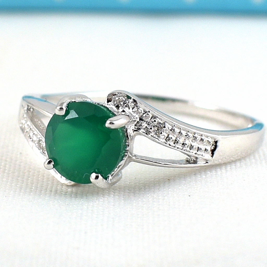 SKJewelryFactory แหวนพลอยกลม แหวนเงินแท้ 92.5% ฝังพลอยกรีนอะเกทแท้ ER02415-GAG