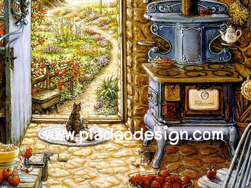 กระดาษเดคูพาจพิมพ์ลาย สำหรับทำงาน เดคูพาจ Decoupage งานฝีมือ งาน Handmade แนวภาพ ครอบครัวแมวน้อย นั่งรอพ่อแมวกลับบ้าน หน้าประตูห้องเก็บผลไม้ (ปลาดาว ดีไซน์)