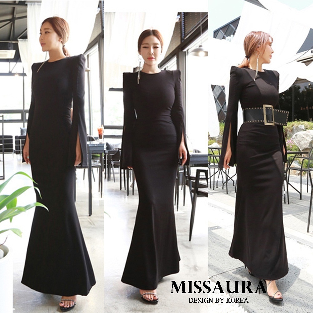 ชุดเดรสเกาหลี พร้อมส่ง maxi dress ยาวสีดำ