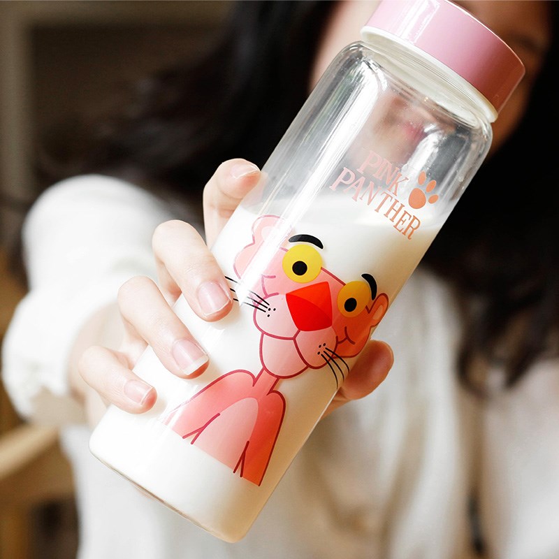ขวดน้ำ ขวดนม Pink Panther พกพา แก้ว borosilicate ฝาปิดสนิท ขนาด 480 ml.