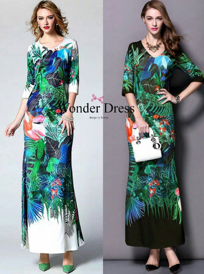 พร้อมส่ง เดรสตัวยาวพิมพ์ลายธรรมชาติ