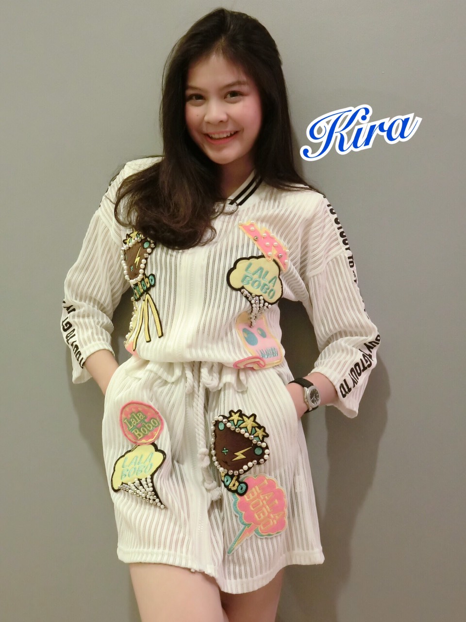พร้อมส่ง เดรสคาดิแกน เอวผูกเชือก ตกแต่งอาร์มทั้งชุด
