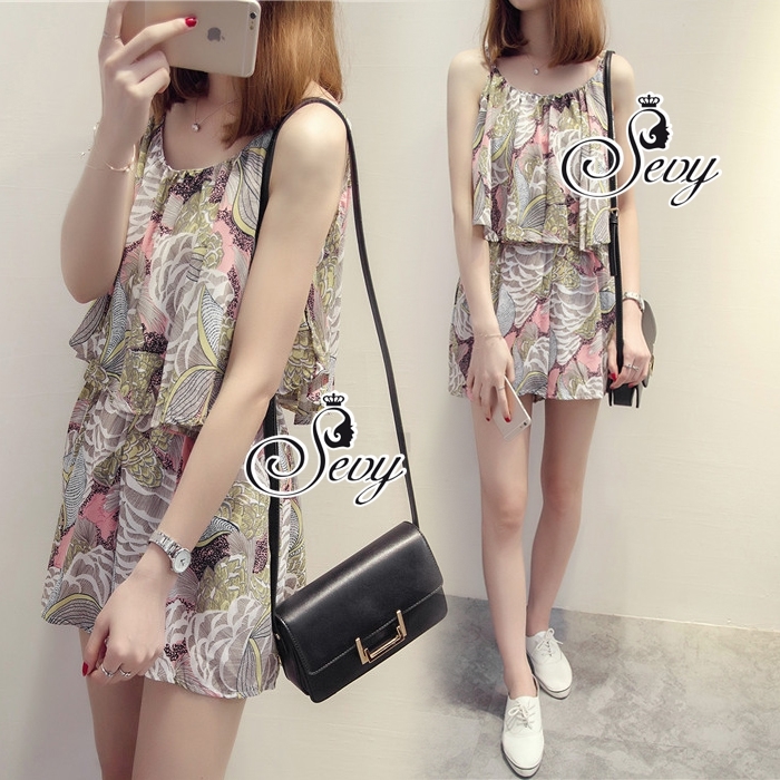 พร้อมส่ง เพลย์สูทสายเดี่ยว ลายดอกใบ เอวขอบสม้อค