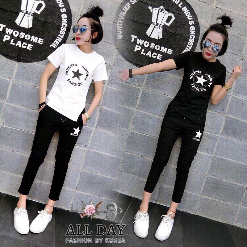 เสื้อผ้าเกาหลี พร้อมส่ง ชุดเซทเสื้อ+กางเกง ผ้ายืดคอตตอน