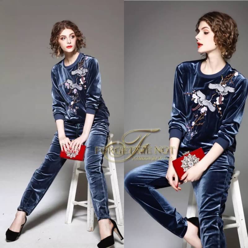 เสื้อผ้าเกาหลี พร้อมส่ง เสื้อกับกางเกง เนื้อผ้ากำมะหยี่