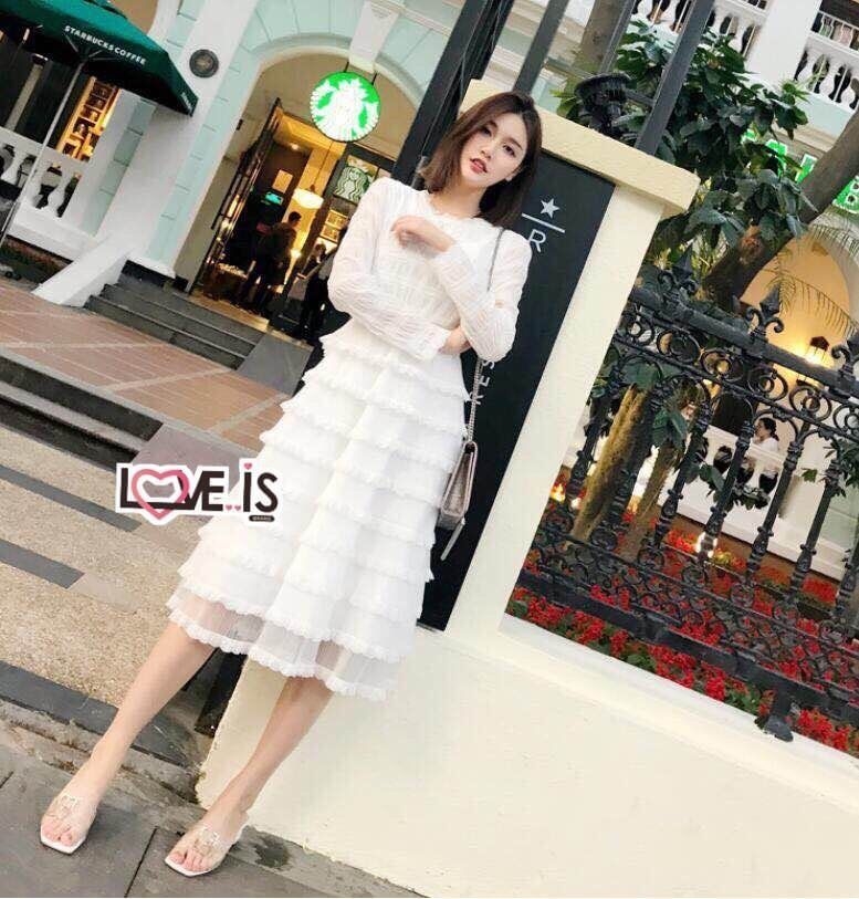 ชุดเดรสเกาหลี พร้อมส่ง เดรส คอกลมแขนยาวผ้ายืด