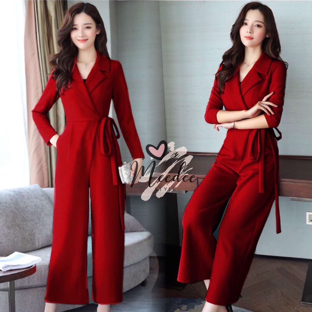 เสื้อผ้าเกาหลี พร้อมส่ง จั๊มสูท คอวีปกสูทป้ายทับกัน