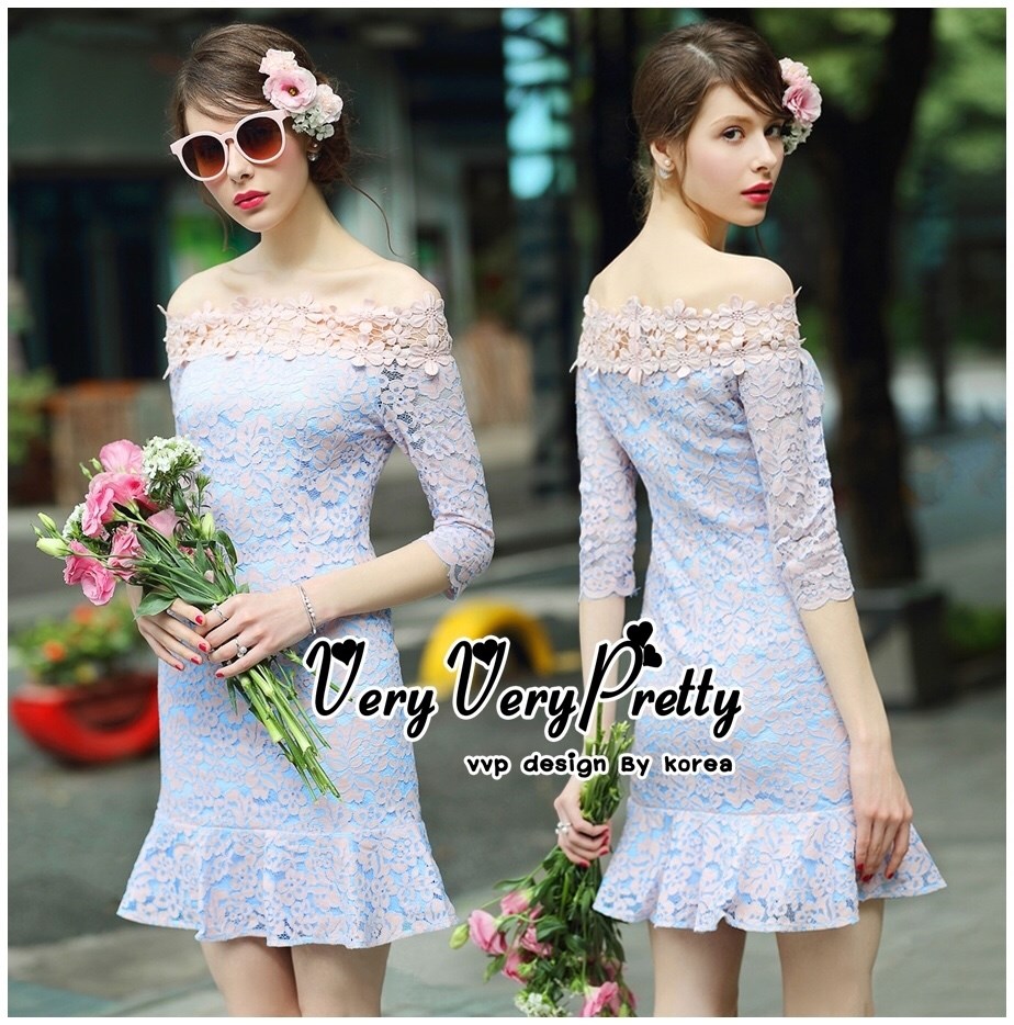 เดรสลูกไม้ พร้อมส่ง เดรสผ้าลูกไม้ทูโทนงานสวยหรู