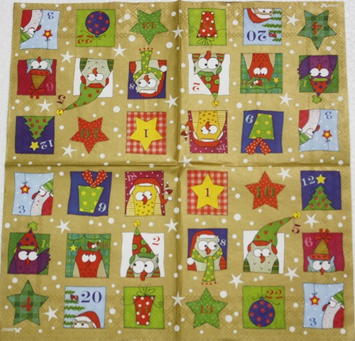 แนวภาพคริสต์มาส ปฎิทินวันหยุดนกฮูก Owl Christmas กระดาษแนพกิ้นสำหรับทำงาน เดคูพาจ Decoupage Paper Napkins ขนาด 33X33cm
