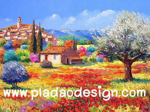 กระดาษสาพิมพ์ลาย สำหรับทำงาน เดคูพาจ Decoupage แนวภาำพ ภาพวาดฝั่งยุโรปสีสันสดใสมากๆ บ้านหลังน้อยตั้งแอบอยู่ในทุ่งดอกไม้สีสันจัดจ้านในฤดูใบไม้ผลิ ด้านหลังเป็นหมู่บ้านอยุ่บนเขา (ปลาดาวดีไซน์)