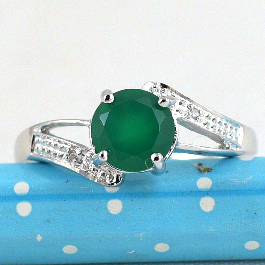 SKJewelryFactory แหวนพลอยกลม แหวนเงินแท้ 92.5% ฝังพลอยกรีนอะเกทแท้ ER02415-GAG