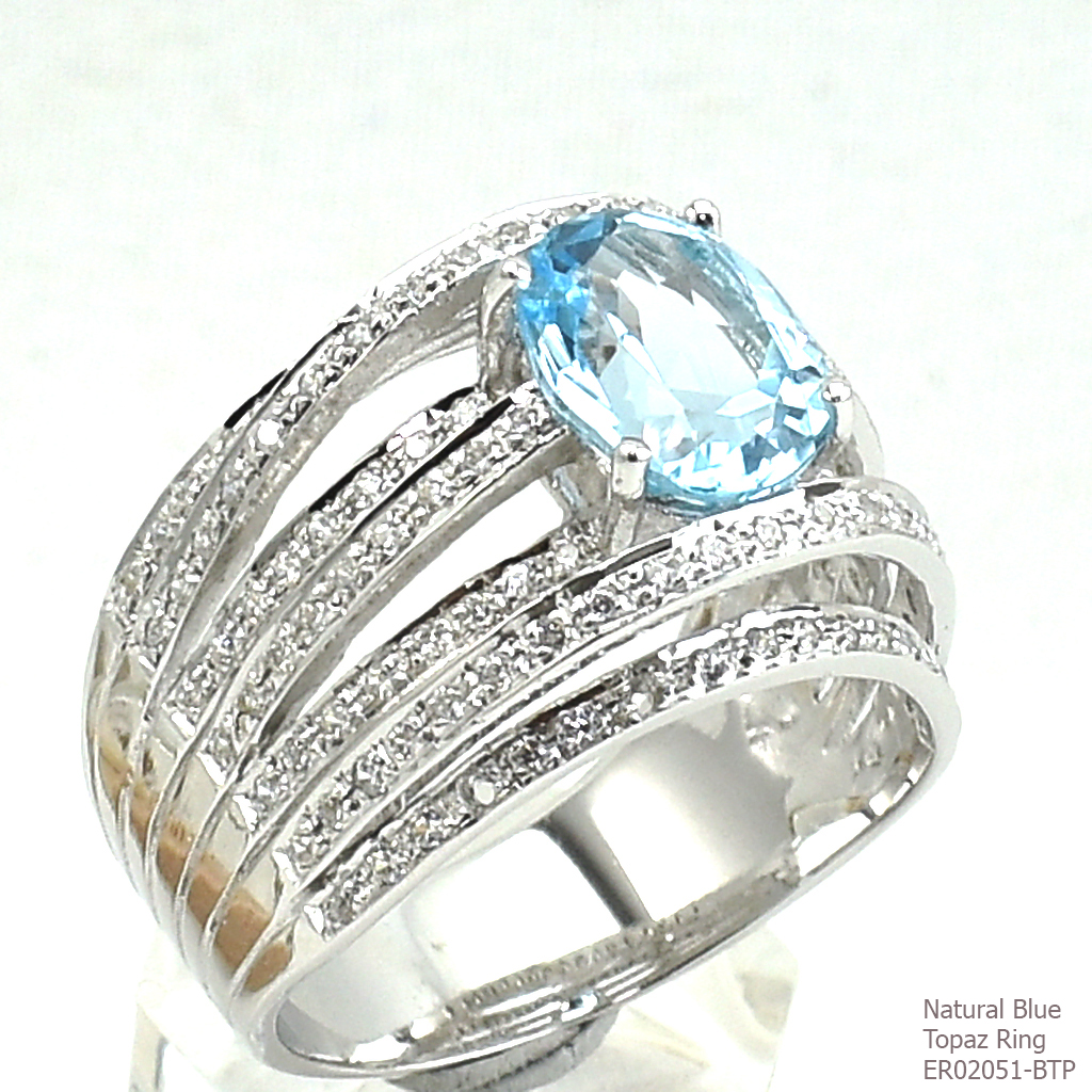 SKJewelryFactory แหวนพลอยบลูโทปาซแท้และเพชร ตัวเรือนเงินแท้ ดีไซน์เก๋ๆเพชรแถว เล่นระดับสูงต่ำ ER02051-BTP