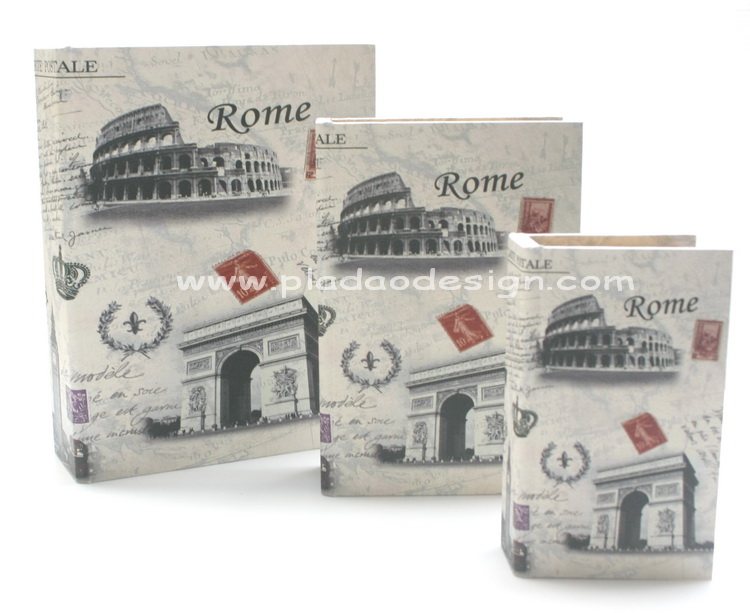 กล่องเก็บของทรงหนังสือแนววินเทจ 3 ใบชุด ลายโปสการ์ดการเดินทาง Paris Rome London Pisa