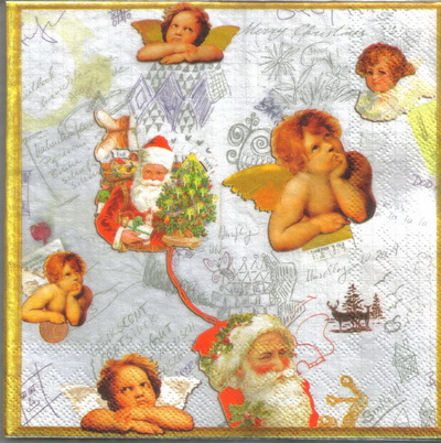 แนวภาพChristmas Santa &Cupid ซานต้ากับคิวปิด คริสต์มาส เป็นภาพบล็อค 4 กระดาษแนพกิ้นสำหรับทำงาน เดคูพาจ Decoupage Paper Napkins ขนาด 33X33cm