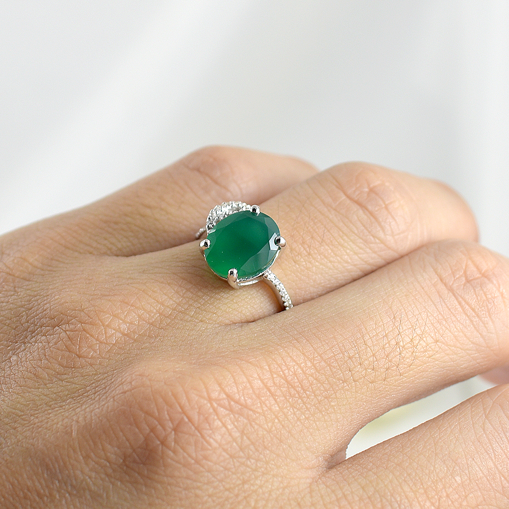 SKJewelryFactory แหวนเพลอยกรีนอะเกทแท้ เม็ดใหญ่สีเขียวสวย ER02356-GAG