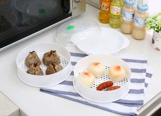 กล่องนึ่ง อุ่น อาหารใส่ไมโครเวฟ กล่องนึ่่ง อุ่น แยกชั้นพร้อมฝาปิด กล่องอาหารใส่ไมโครเวฟได้ สีขาว