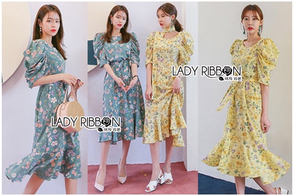 เดรสเกาหลี พร้อมส่ง ชุดเดรสยาว พิมพ์ลายดอกไม้