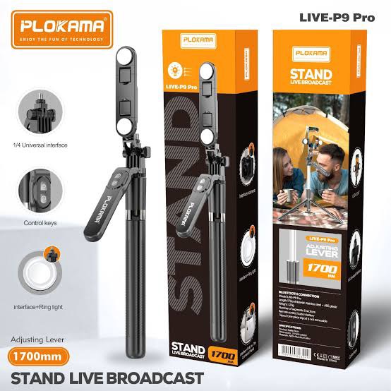 ไม้เซลฟี่มีไฟ พร้อมขาตั้งในตัว PLOKAMA LIVE-P9 PRO