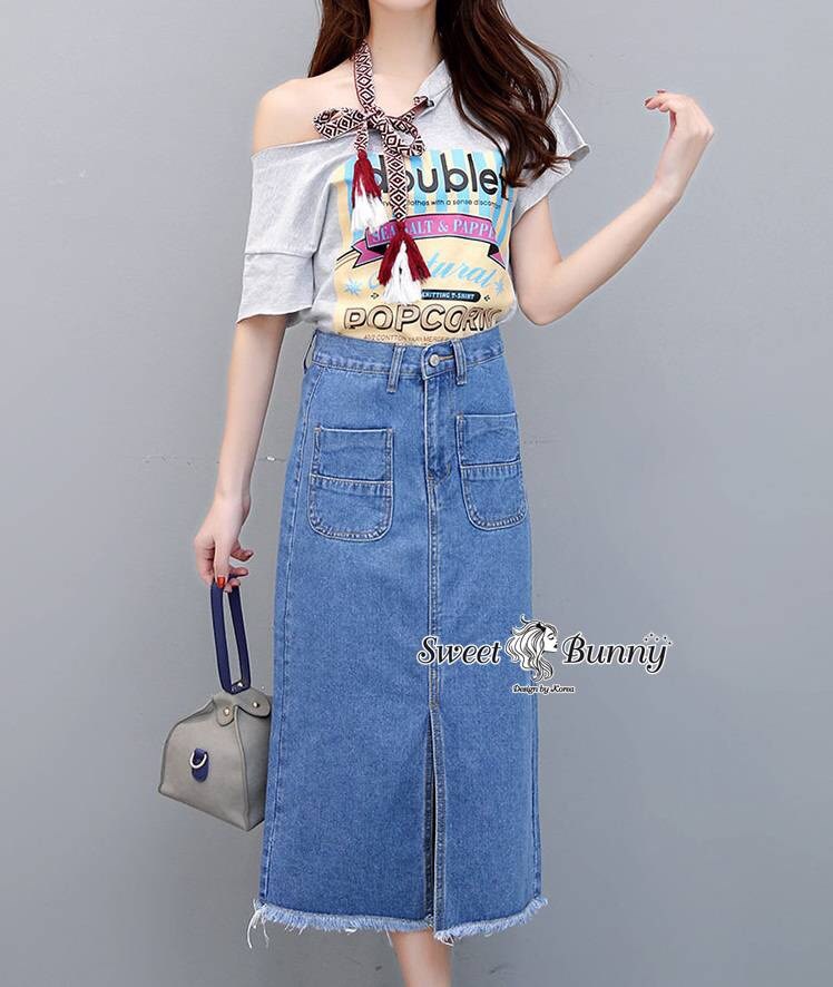 เสื้อผ้าเกาหลี พร้อมส่ง เซ็ทเสื้อ+กระโปรงยีนส์