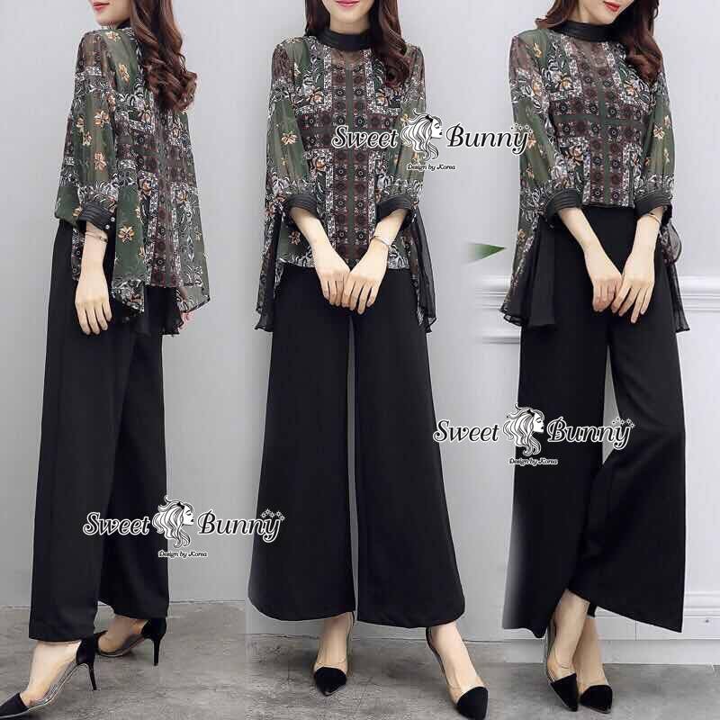 เสื้อผ้าเกาหลี พร้อมส่ง เสื้อผ้าชีฟองลายดอกสีเขียว