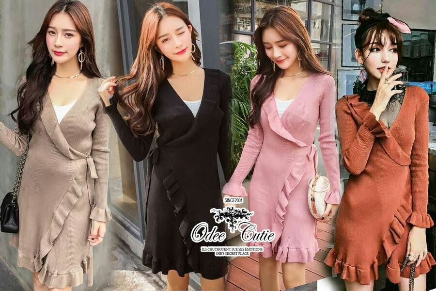 เดรสเกาหลี พร้อมส่ง เดรสไหมพรม ผูกด้านข้าง