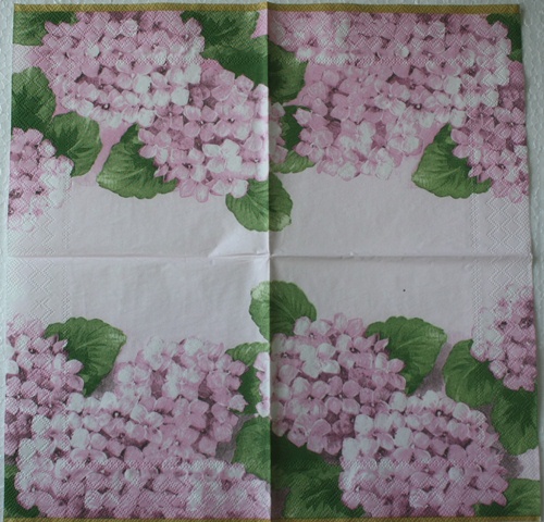 แนวภาพดอกไม้ ไฮเดรนเยีย สีชมพู Hydrangea เป็นภาพแนวยาว กระดาษแนพกิ้นสำหรับทำงาน เดคูพาจ Decoupage Paper Napkins ขนาด 33X33cm